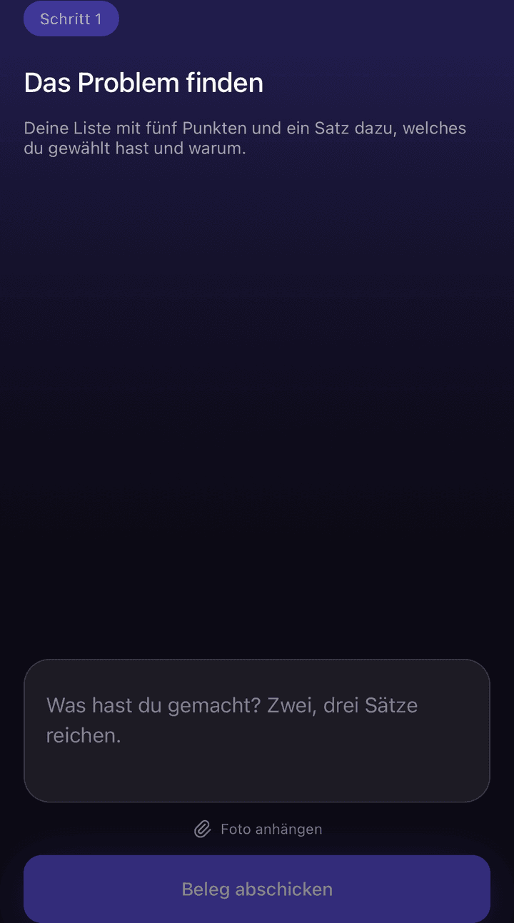 Das Einreichen eines Belegs: ein Textfeld, optional ein Foto, und der Knopf „Beleg abschicken".