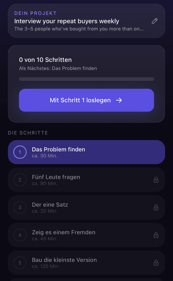 Die Journey-Übersicht: das eigene Projekt oben, darunter der Fortschritt „0 von 10 Schritten" und die Schrittliste mit Zeitschätzungen.