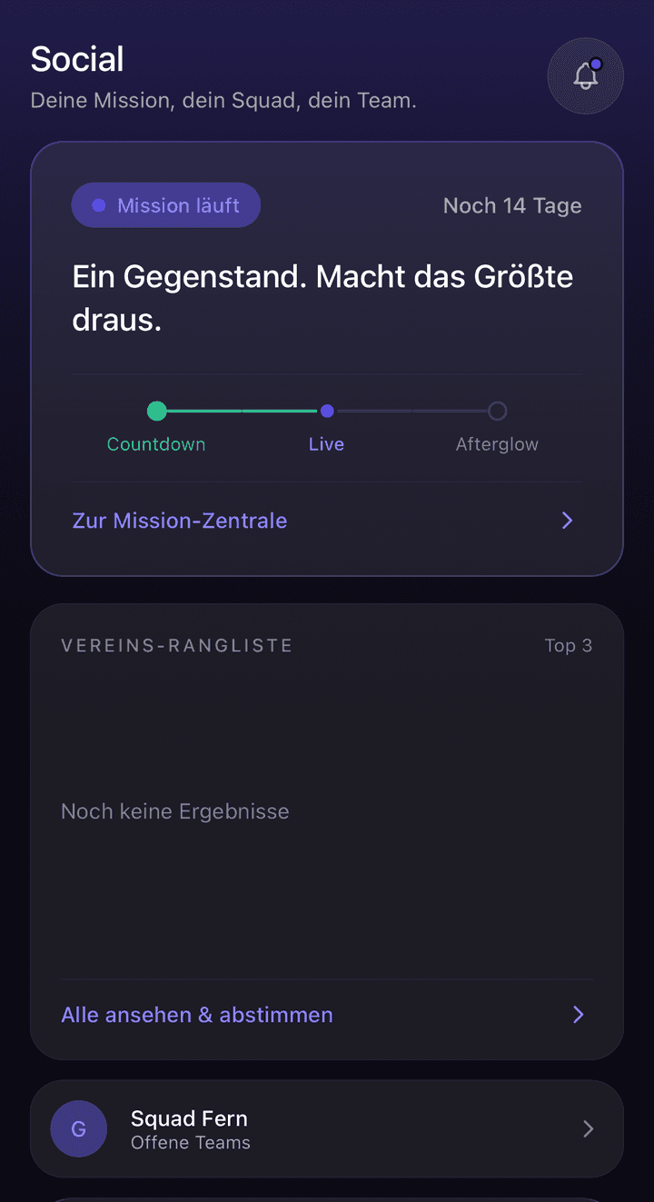 Der Social-Bereich mit der laufenden Mission und den drei Phasen Countdown, Live und Afterglow sowie der Vereins-Rangliste.