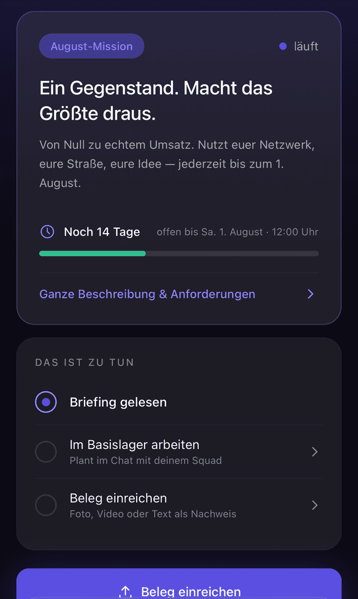 Die Missionsaufgabe mit Restlaufzeit und den Schritten Briefing lesen, im Basislager arbeiten, Beleg einreichen.