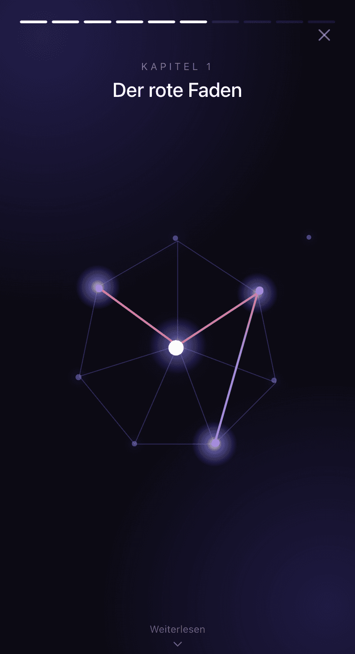 Kapitel 1 des Reveal, „Der rote Faden": eine leuchtende Konstellation, in der einzelne Verbindungen hervorgehoben sind.