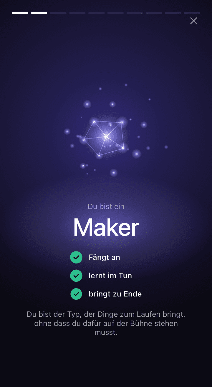 Der Reveal nennt den Archetyp — hier „Maker" — mit den drei Merkmalen Fängt an, lernt im Tun, bringt zu Ende.
