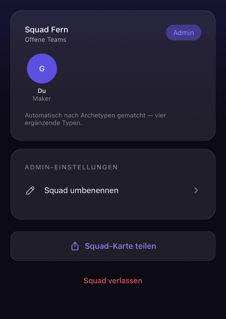 Die Squad-Ansicht: automatisch nach Archetypen zusammengestellt, mit der Möglichkeit, die Squad-Karte zu teilen.